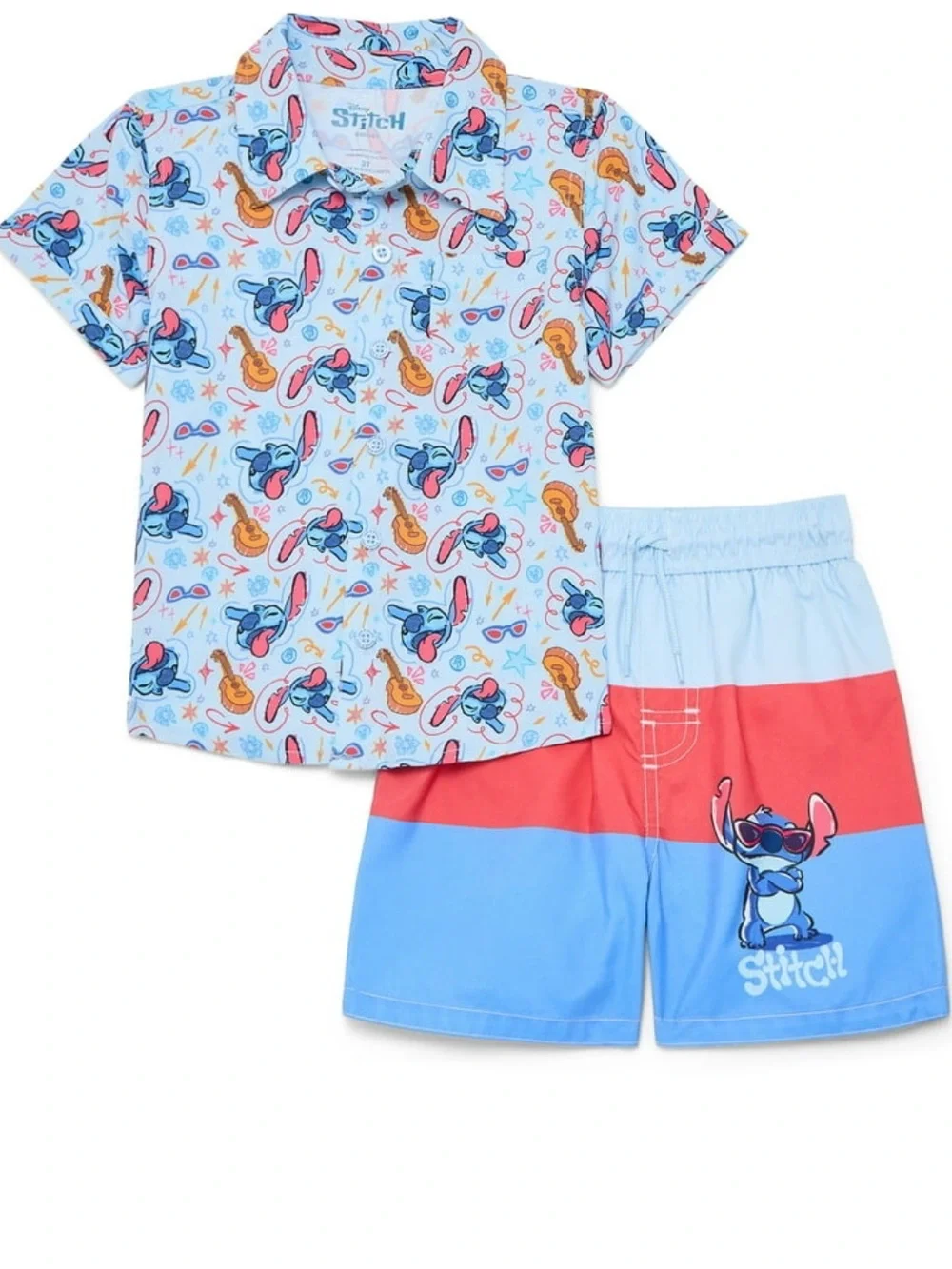 NWT boys Disney Stitch swimming trunks with matching resort button up size 3t